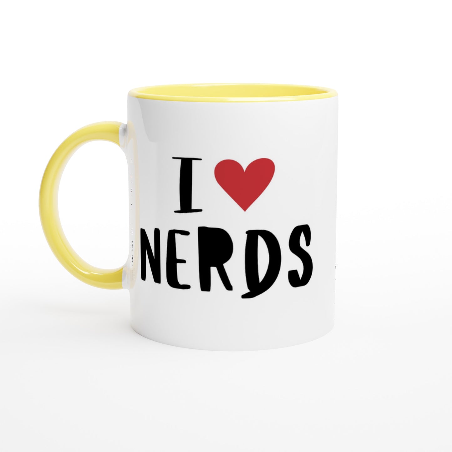 I Love Nerds, Red Heart - White 11oz Ceramic Mug with Colour Inside Ceramic Yellow Colour 11oz Mug Globally Fulfilled Love