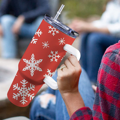 Red Snowflakes - 40oz Tumbler with White Handle