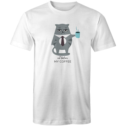 Not Before My Coffee, Cranky Cat - Mens T-Shirt White Mens T-shirt animal Coffee Printed In Australia