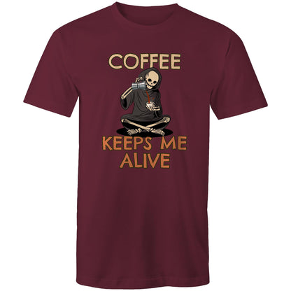 Coffee Keeps Me Alive, Skeleton - Mens T-Shirt Burgundy Mens T-shirt Coffee Printed In Australia