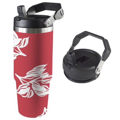 Red Retro Foliage, Hawaiian Flower - 30oz Tumbler with Top Handle