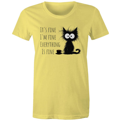 It's Fine, I'm Fine, Frazzled Cat - Womens T-shirt Yellow