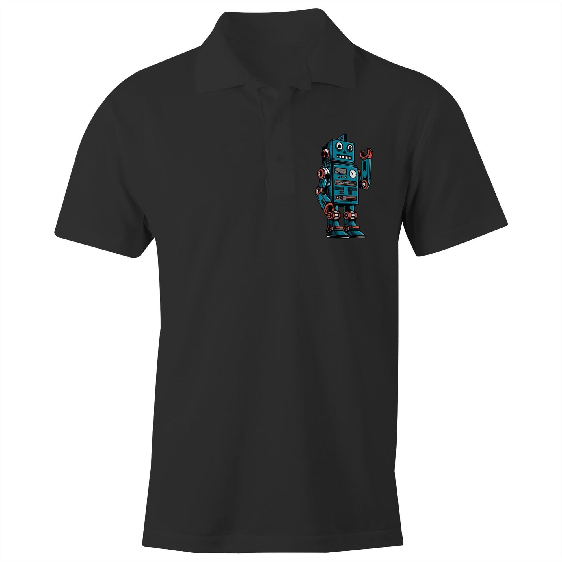 Robot - Chad S/S Polo Shirt, Printed Black Polo Shirt Retro Sci Fi