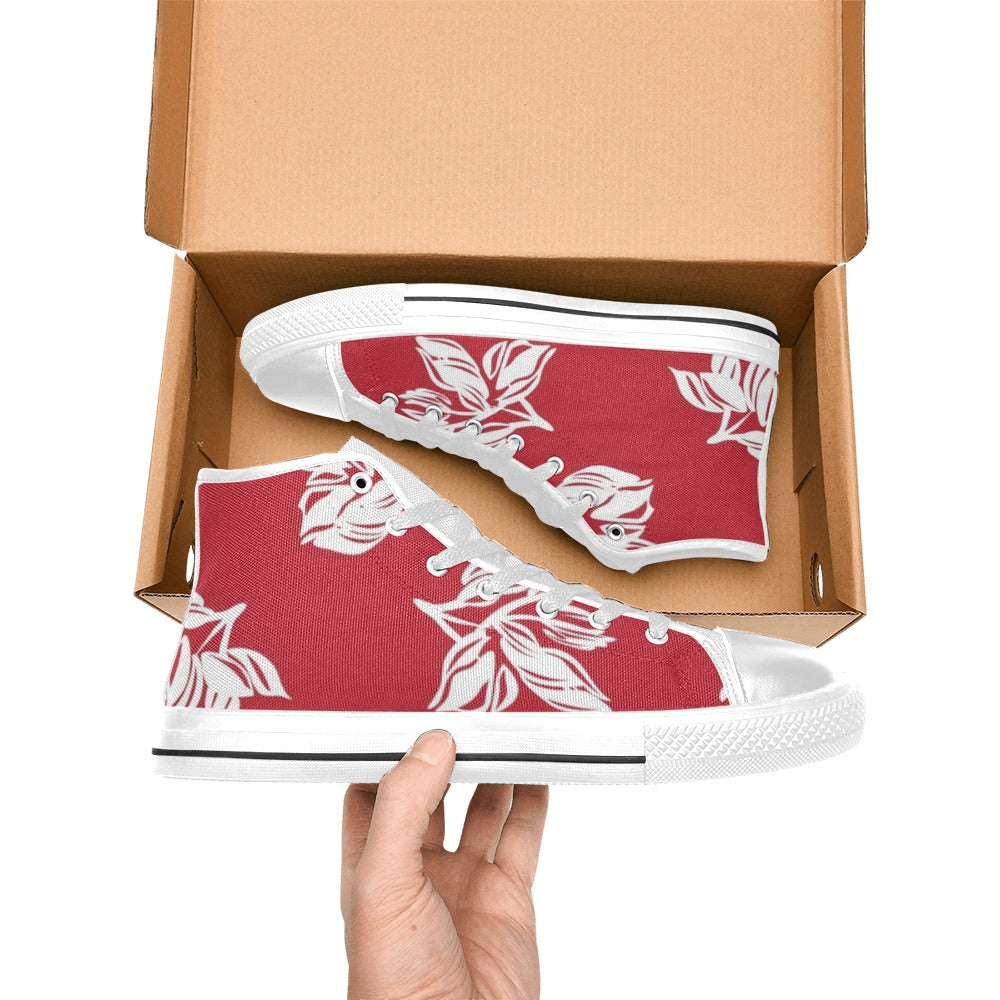 Red Retro Foliage, Hawaiian Flower - Women's High Top Canvas Shoes