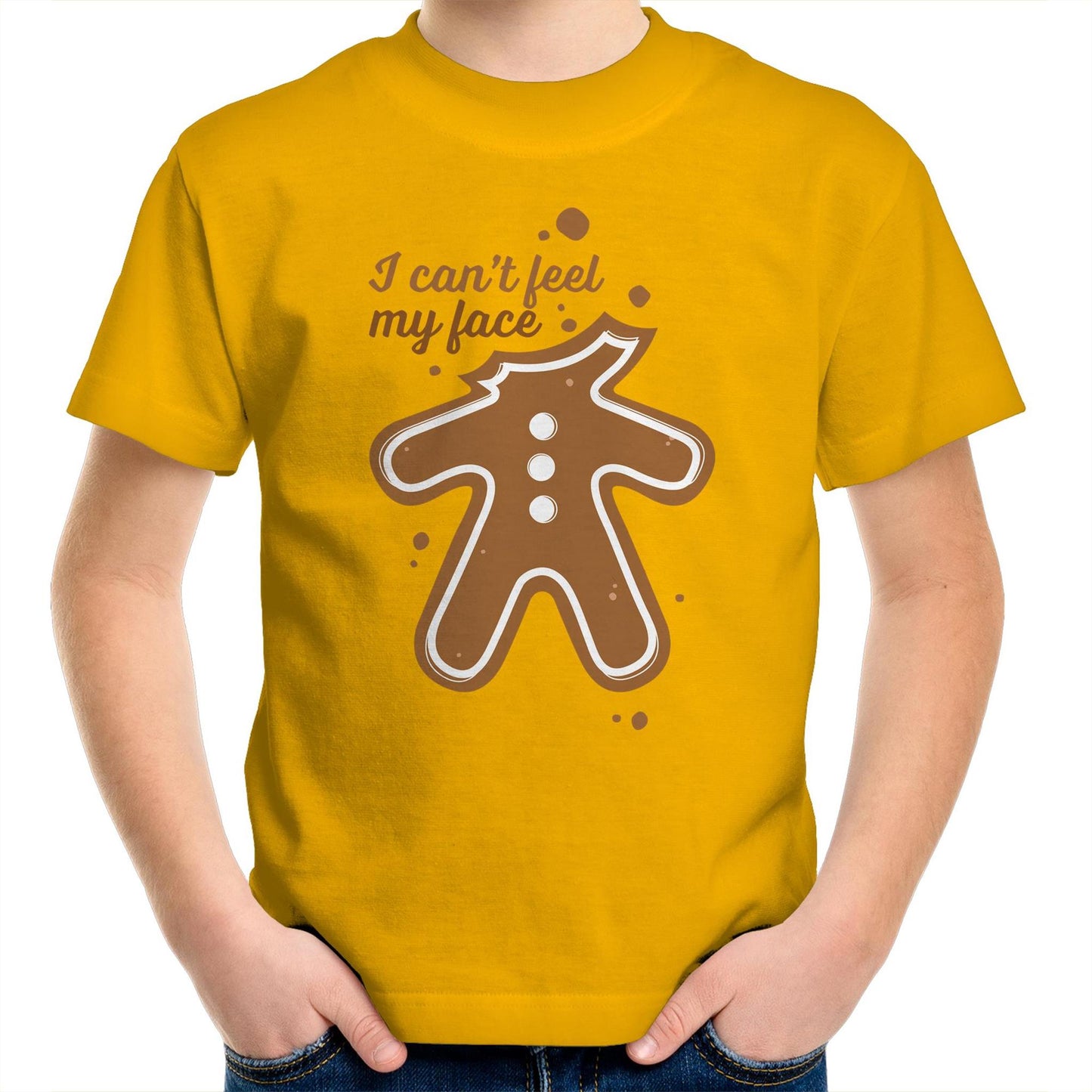 Gingerbread, I Can't Feel My Face, Christmas - Kids Youth T-Shirt Gold Kids Christmas T-shirt Christmas Printed In Australia