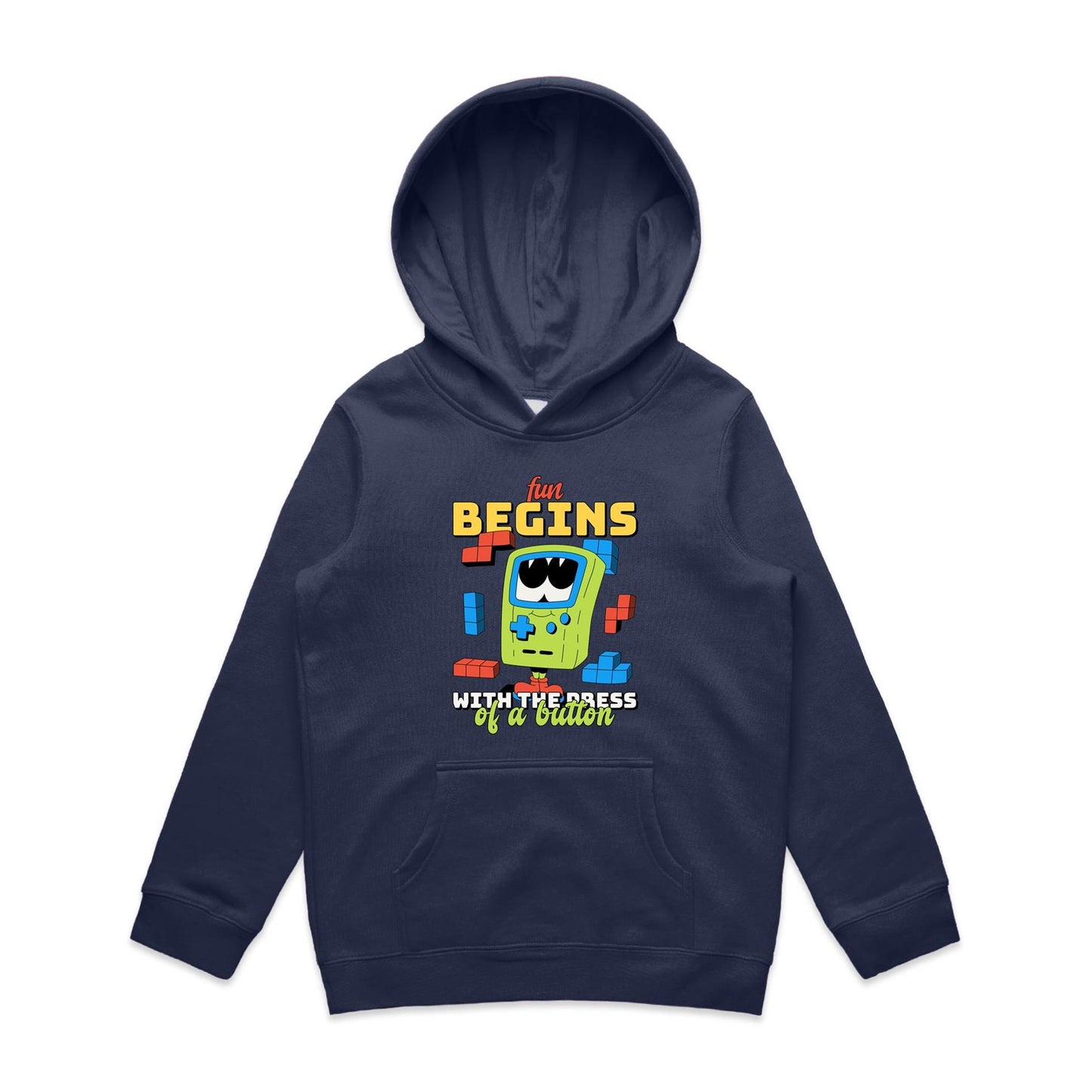 Fun Begins With The Press Of A Button, Games - Youth Supply Hood Midnight Blue Kids Hoodie Games