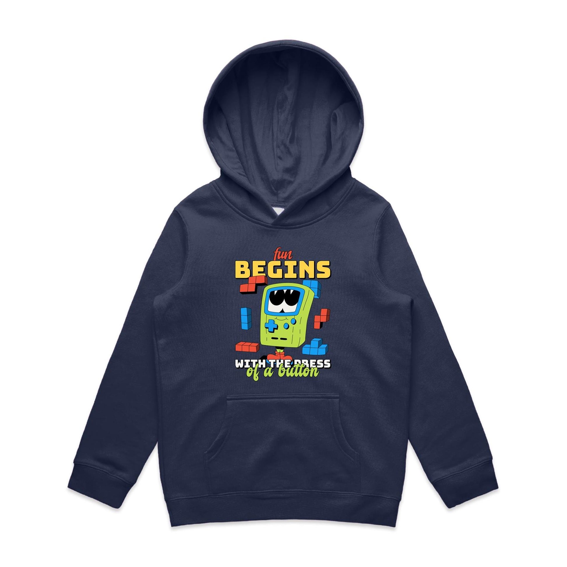 Fun Begins With The Press Of A Button, Games - Youth Supply Hood Midnight Blue Kids Hoodie Games