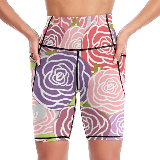 Abstract Roses - Womens Knee-Length Yoga Shorts White Yoga Shorts Plants Printed Offshore