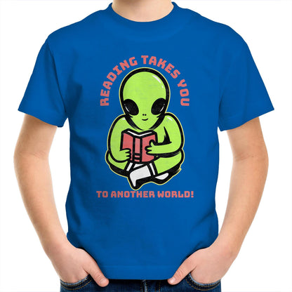 Reading Takes You To Another World, Alien - Kids Youth T-Shirt Bright Royal Kids Youth T-shirt Reading Sci Fi