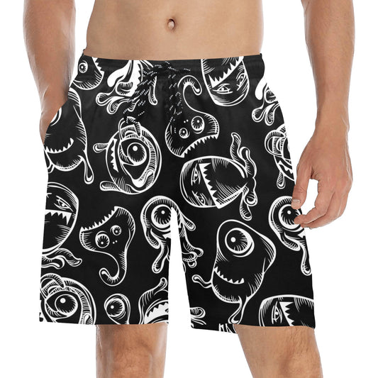 Monsters In Black And White - Men's Mid-Length Beach Shorts