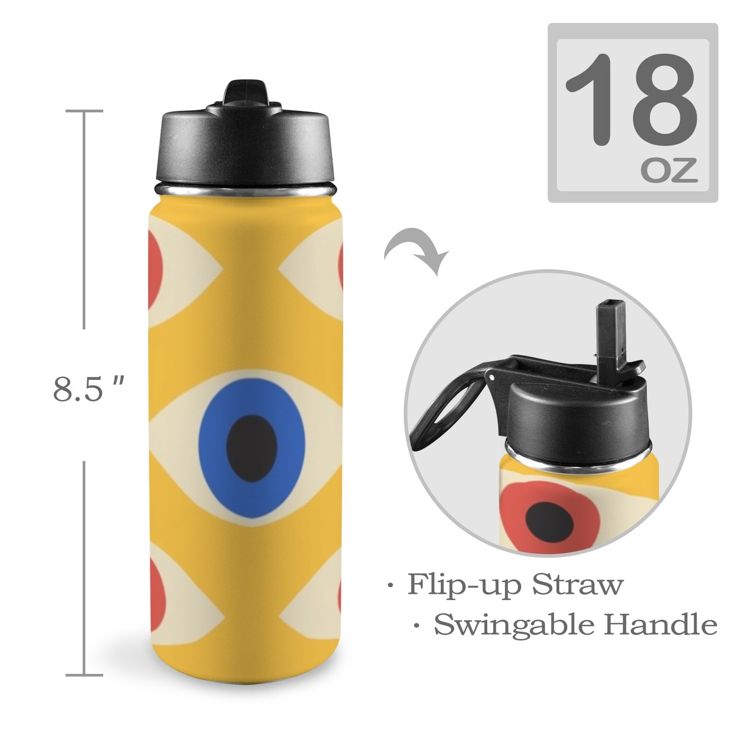 Eyes on Yellow - Insulated Water Bottle with Straw Lid (18oz) Insulated Water Bottle with Swing Handle