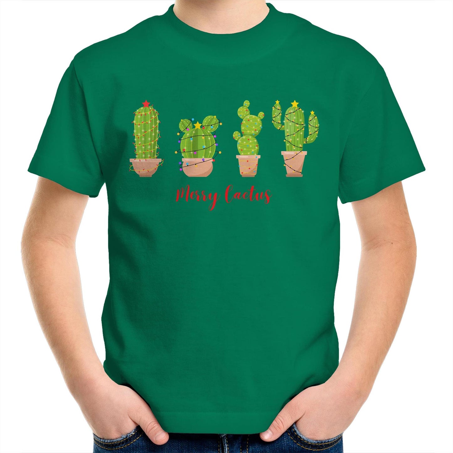 Merry Cactus, Christmas - Kids Youth T-Shirt Kelly Green Kids Christmas T-shirt Christmas Printed In Australia