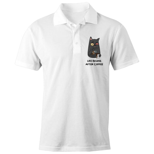 Cat, Life Begins After Coffee - Chad S/S Polo Shirt, Printed White Polo Shirt Coffee Funny