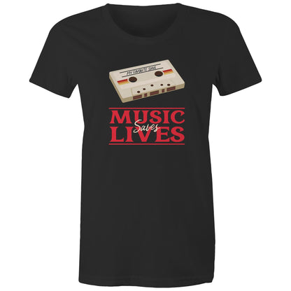 Music Saves Lives, Cassette Tape - Womens T-shirt Black Womens T-shirt Music Printed In Australia Retro