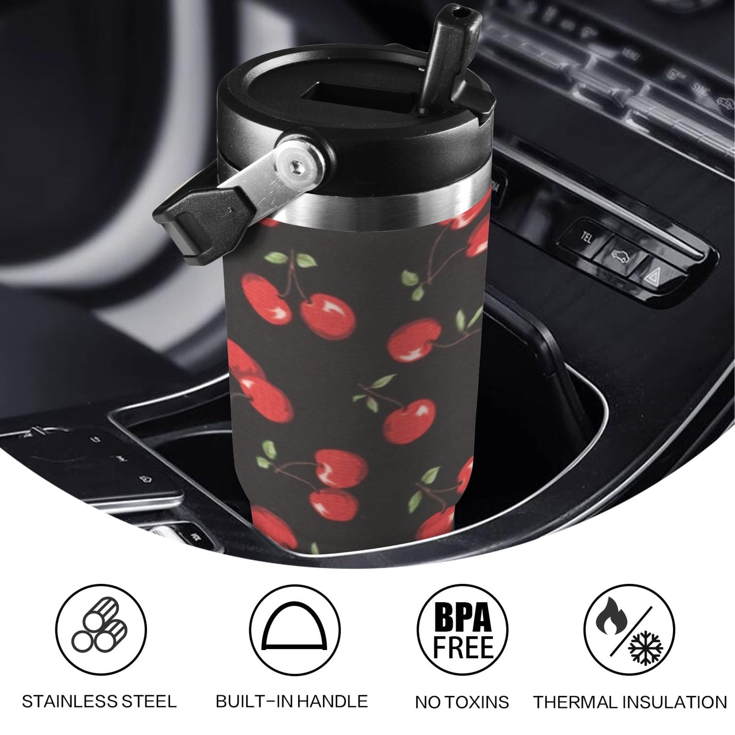 Cherries On Black - 30oz Tumbler with Top Handle