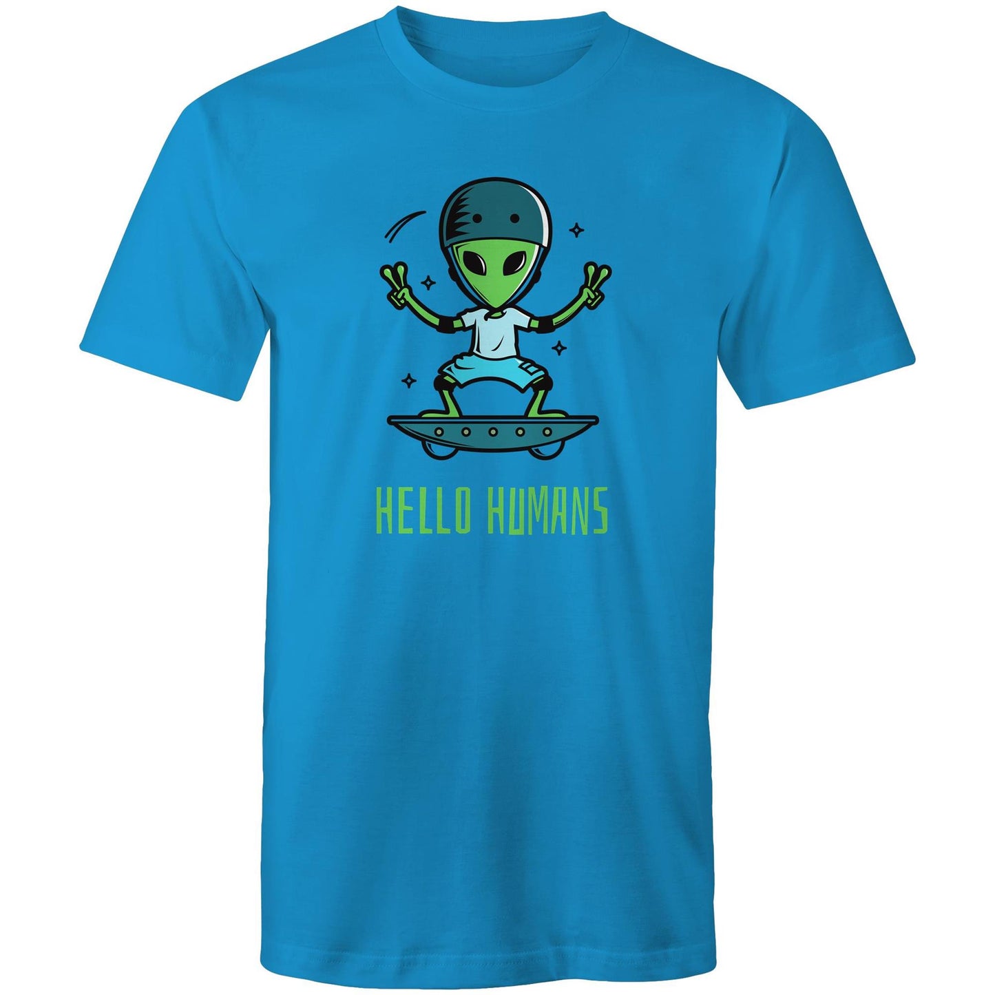 Hello Humans, Alien - Mens T-Shirt Arctic Blue Mens T-shirt Printed In Australia Sci Fi