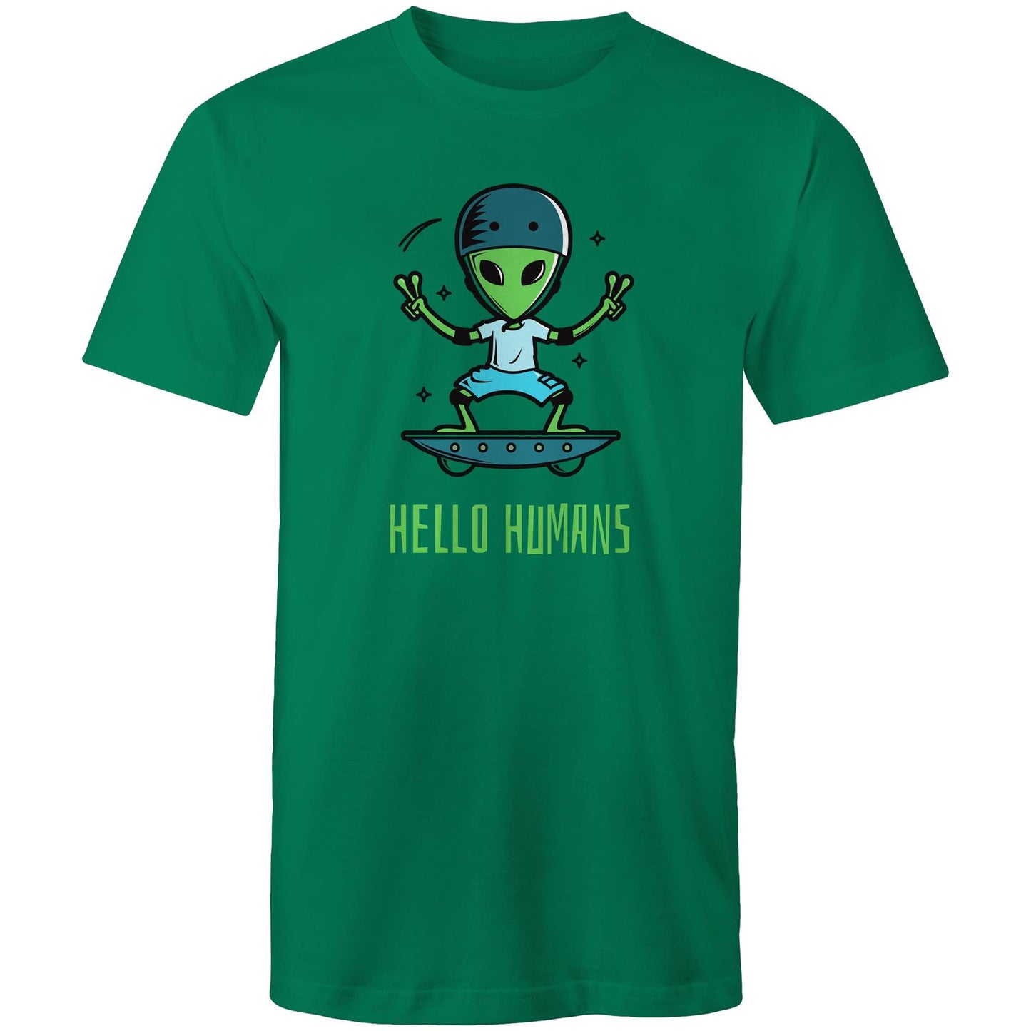 Hello Humans, Alien - Mens T-Shirt Kelly Green Mens T-shirt Printed In Australia Sci Fi