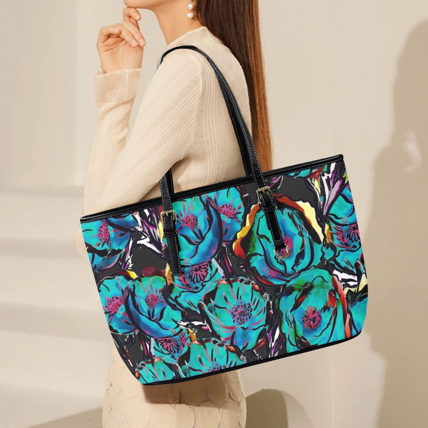 Flower It Blue - Leather Tote Bag-Large