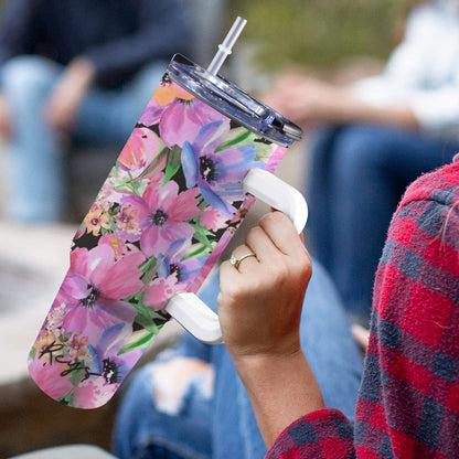 Bright Pink Floral - 40oz Tumbler with White Handle