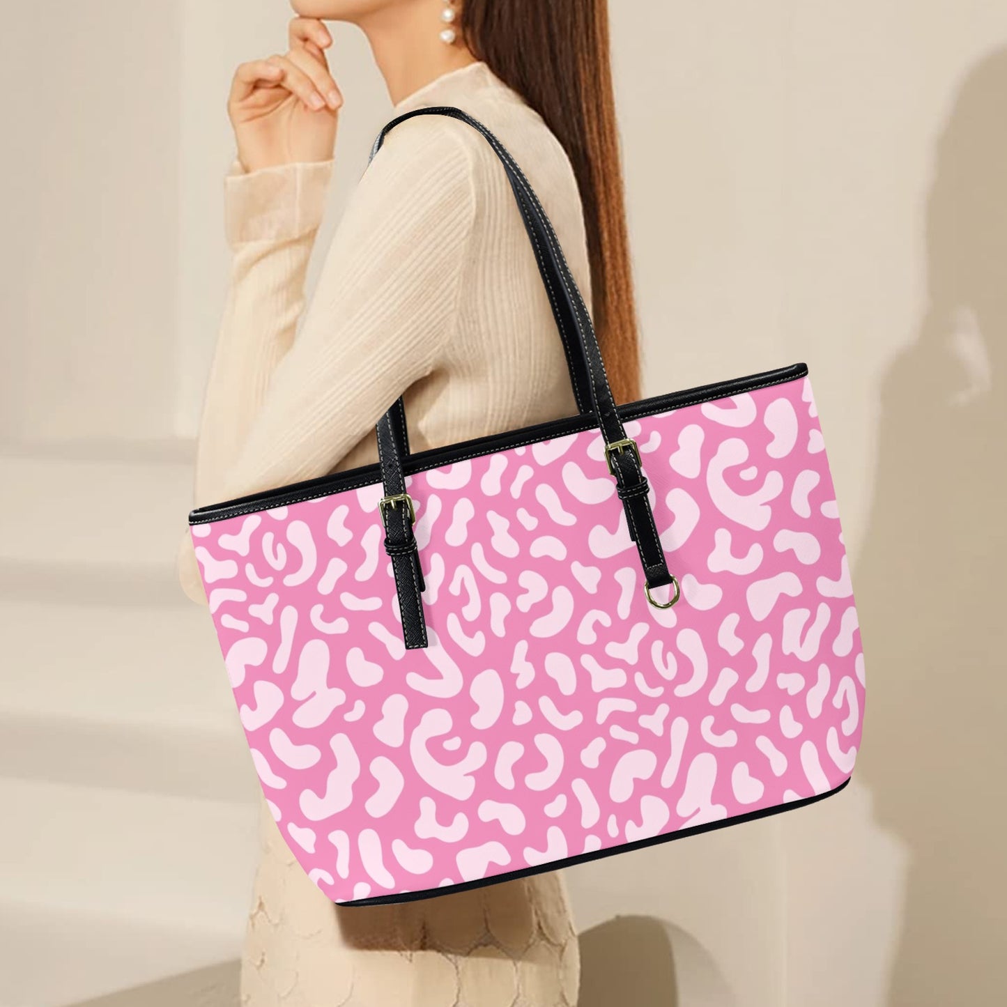 Pink Leopard - Leather Tote Bag-Large