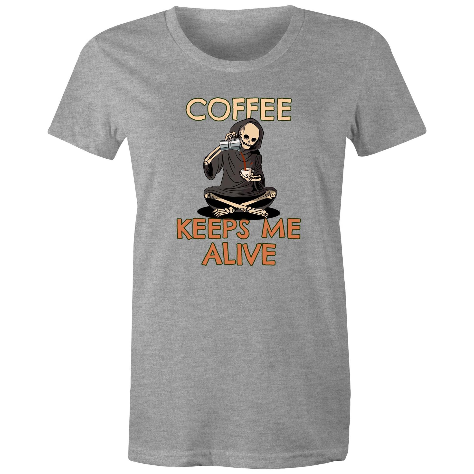 Skeleton, Coffee Keeps Me Alive - Womens T-shirt Grey Marle Womens T-shirt Coffee