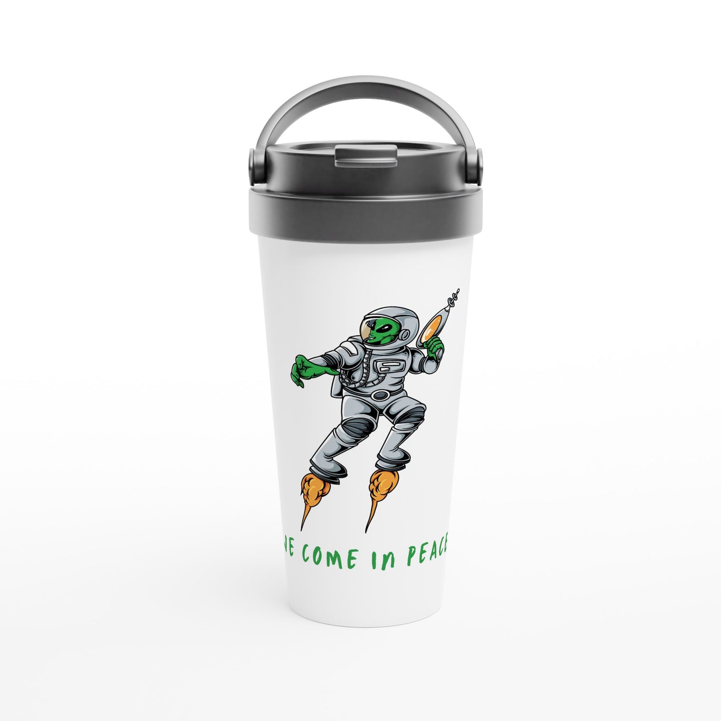 Alien, We Come In Peace - White 15oz Stainless Steel Travel Mug Default Title Travel Mug Globally Fulfilled Sci Fi