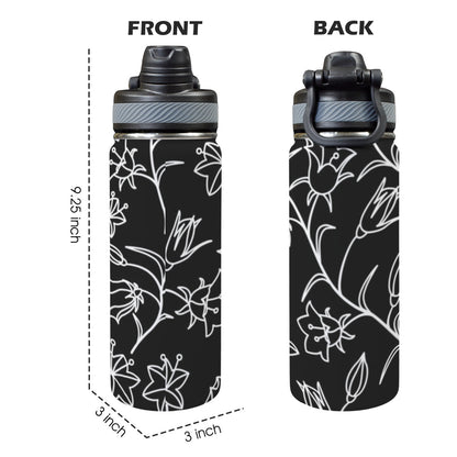 Black And White Floral - Insulated Water Bottle with Dual-Use Lid (18oz)