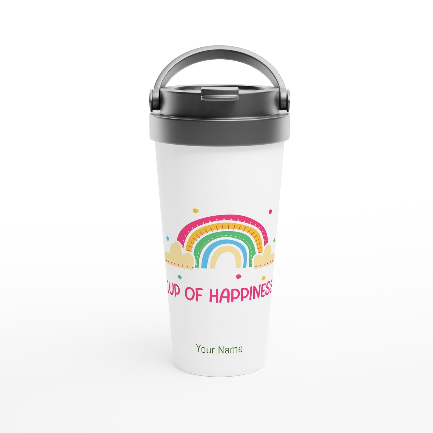 Personalised - Cup Of Happiness, Rainbow - White 15oz Stainless Steel Travel Mug Default Title Personalised Travel Mug Coffee Positivity