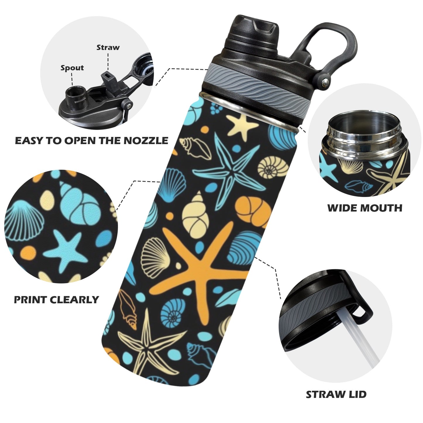 Starfish And Shells - Insulated Water Bottle with Dual-Use Lid (18oz) Insulated Water Bottle with Dual-Use Lid (18oz) Printed Offshore