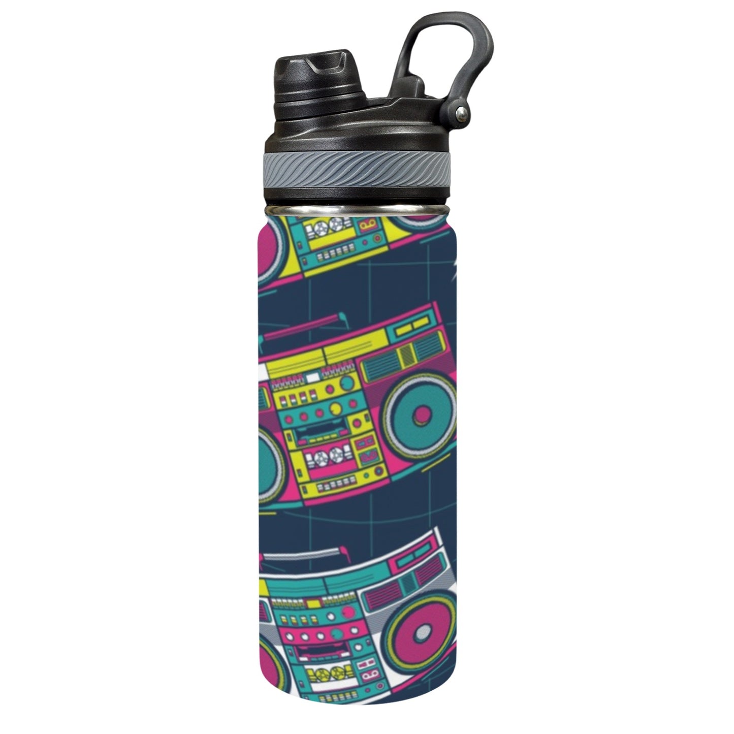 Boombox - Insulated Water Bottle with Dual-Use Lid (18oz) Insulated Water Bottle with Dual-Use Lid (18oz) Music Printed Offshore Retro