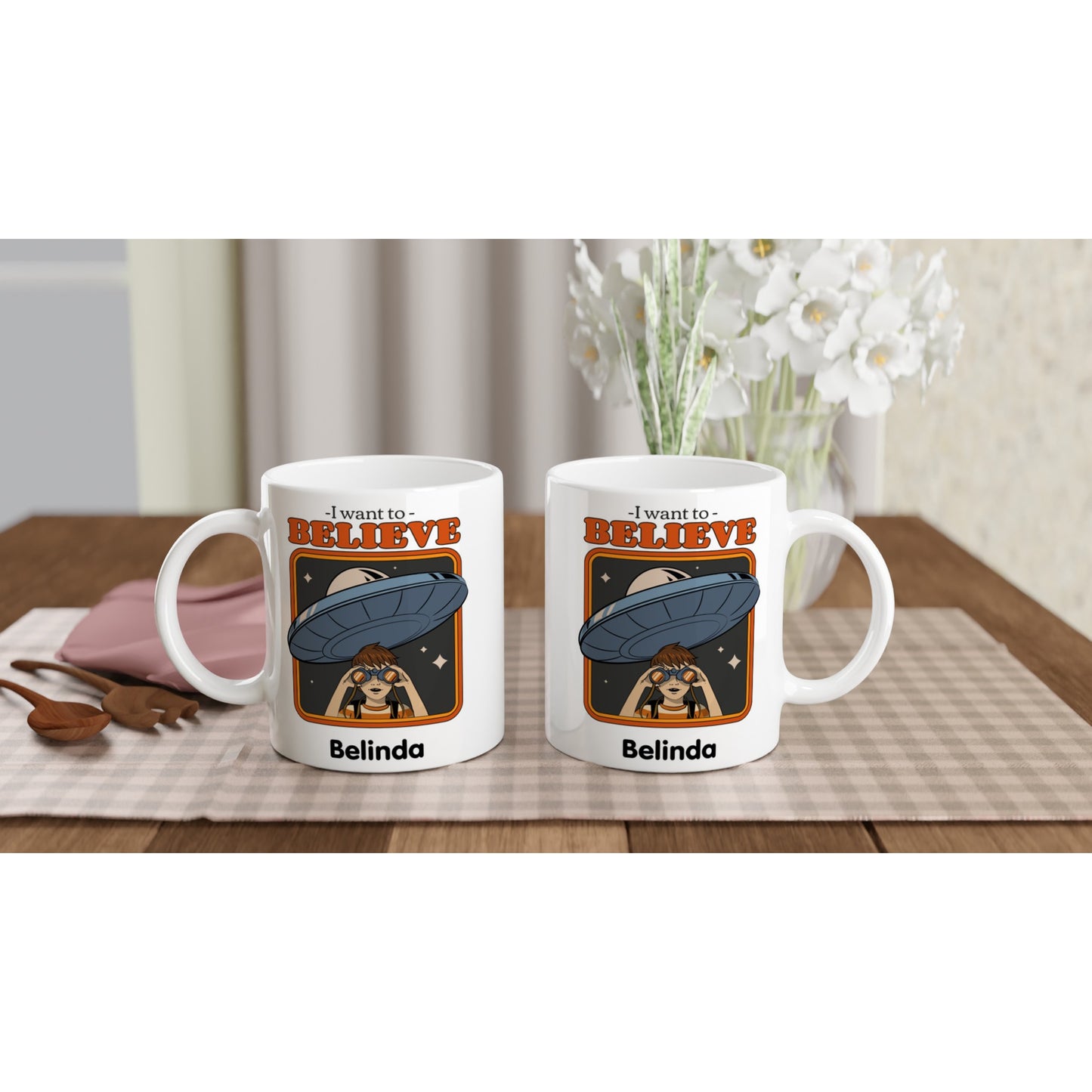 Personalise - I Want To Believe - White 11oz Ceramic Mug Personalised Mug customise Globally Fulfilled personalise Sci Fi