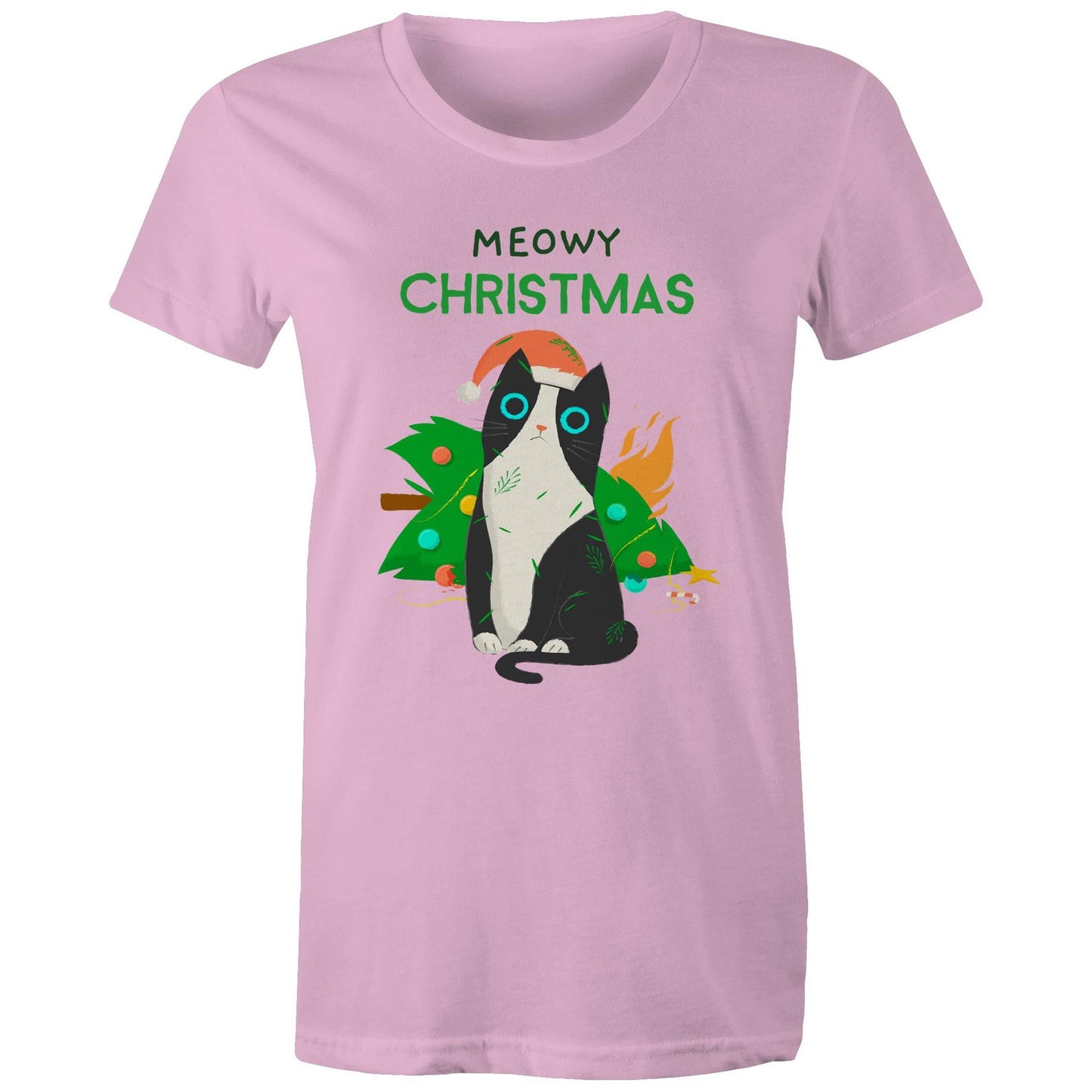 Meowy Christmas - Womens T-shirt Pink Womens Christmas T-shirt Christmas Printed In Australia