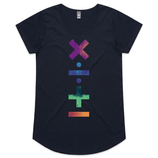 Maths Symbols - Womens Scoop Neck T-Shirt Navy Womens Scoop Neck T-shirt Maths Printed In Australia