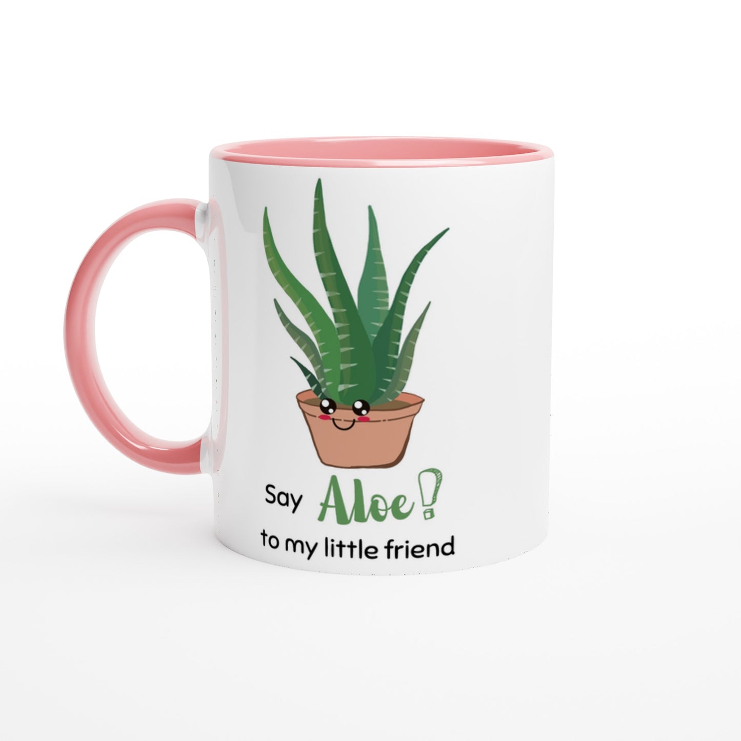 Say Aloe To My Little Friend - White 11oz Ceramic Mug with Colour Inside Ceramic Pink Colour 11oz Mug Globally Fulfilled Plants