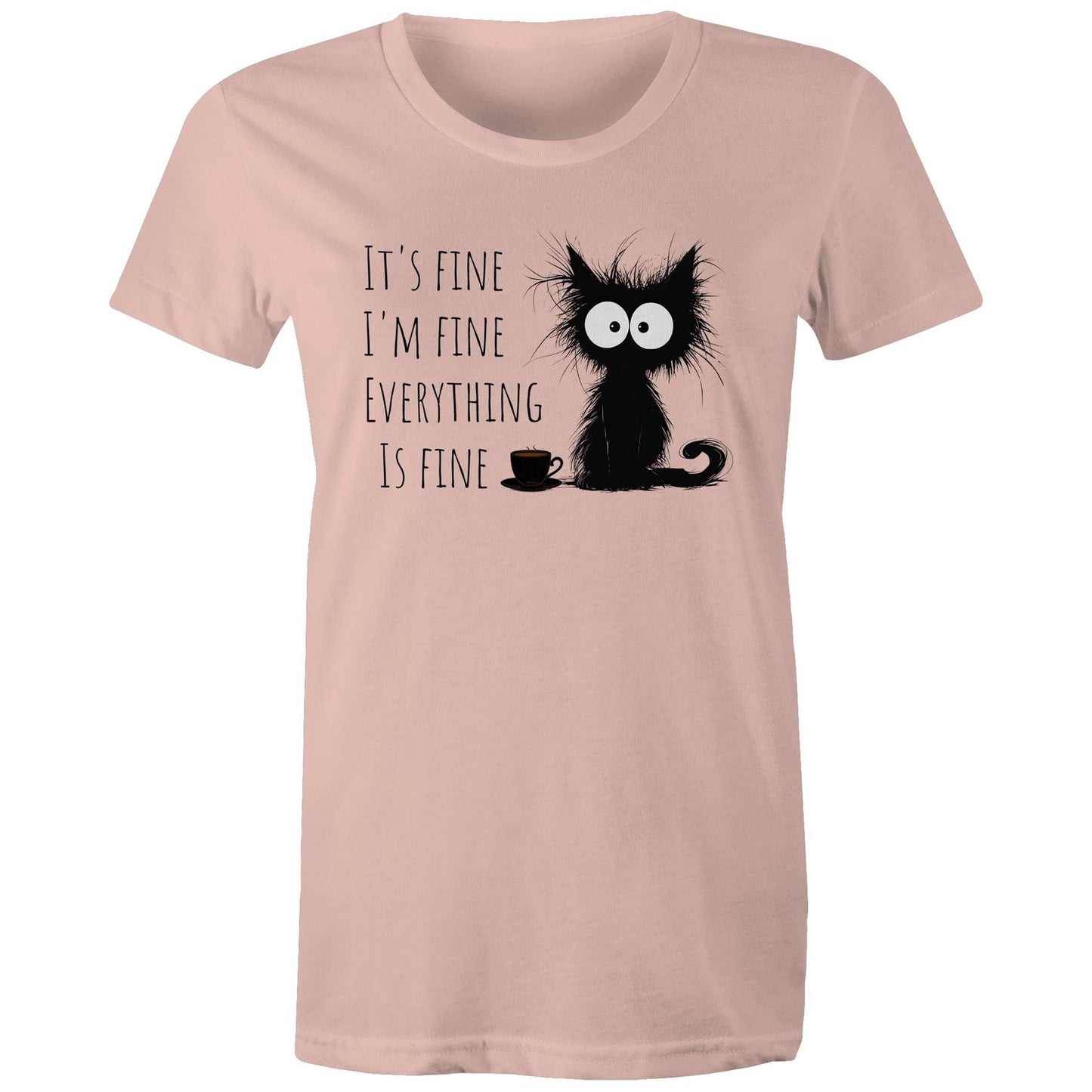 It's Fine, I'm Fine, Frazzled Cat - Womens T-shirt Pale Pink