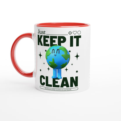 Earth, Just Keep It Clean - White 11oz Ceramic Mug with Colour Inside Ceramic Red Colour 11oz Mug Environment