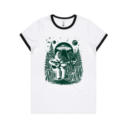 Alien And Bigfoot Playing Guitar - Women's Ringer Tee