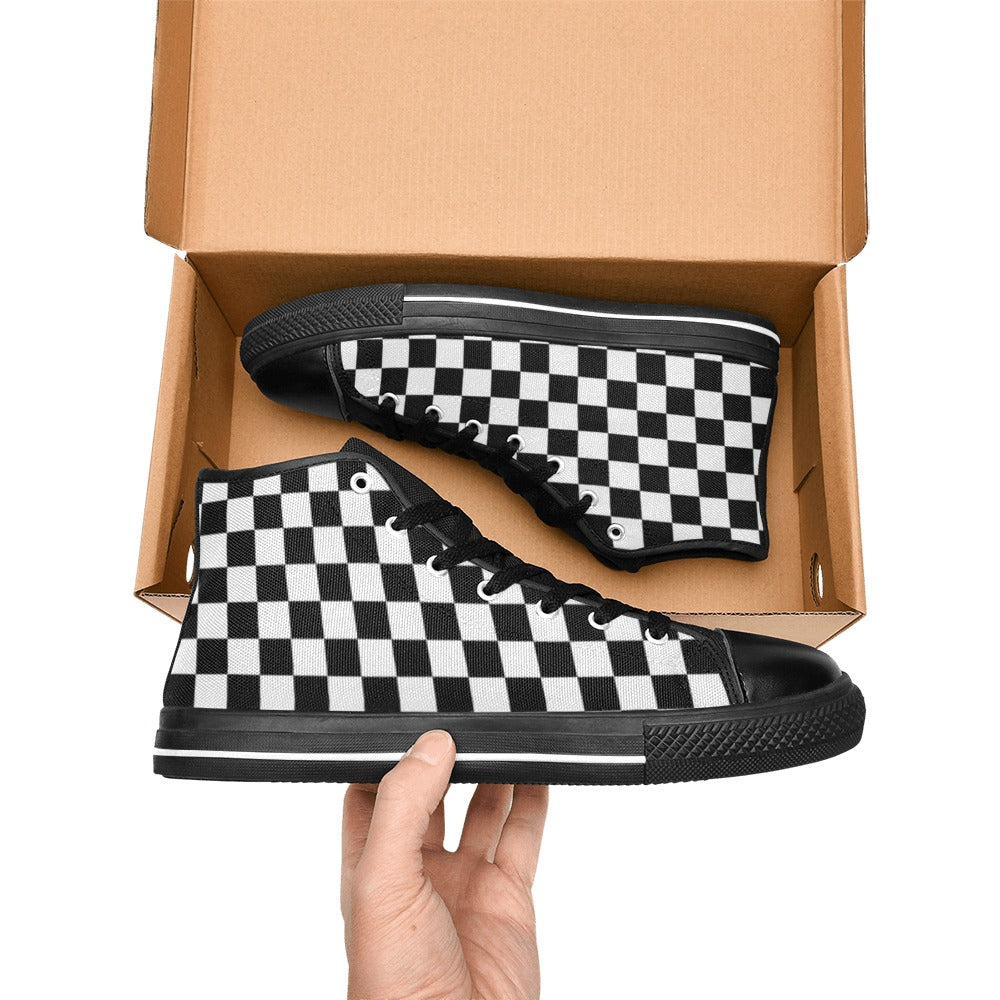 Black And White Checkered - Women's High Top Canvas Shoes