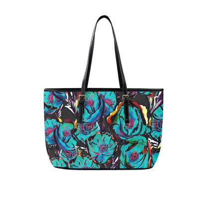 Flower It Blue - Leather Tote Bag-Large