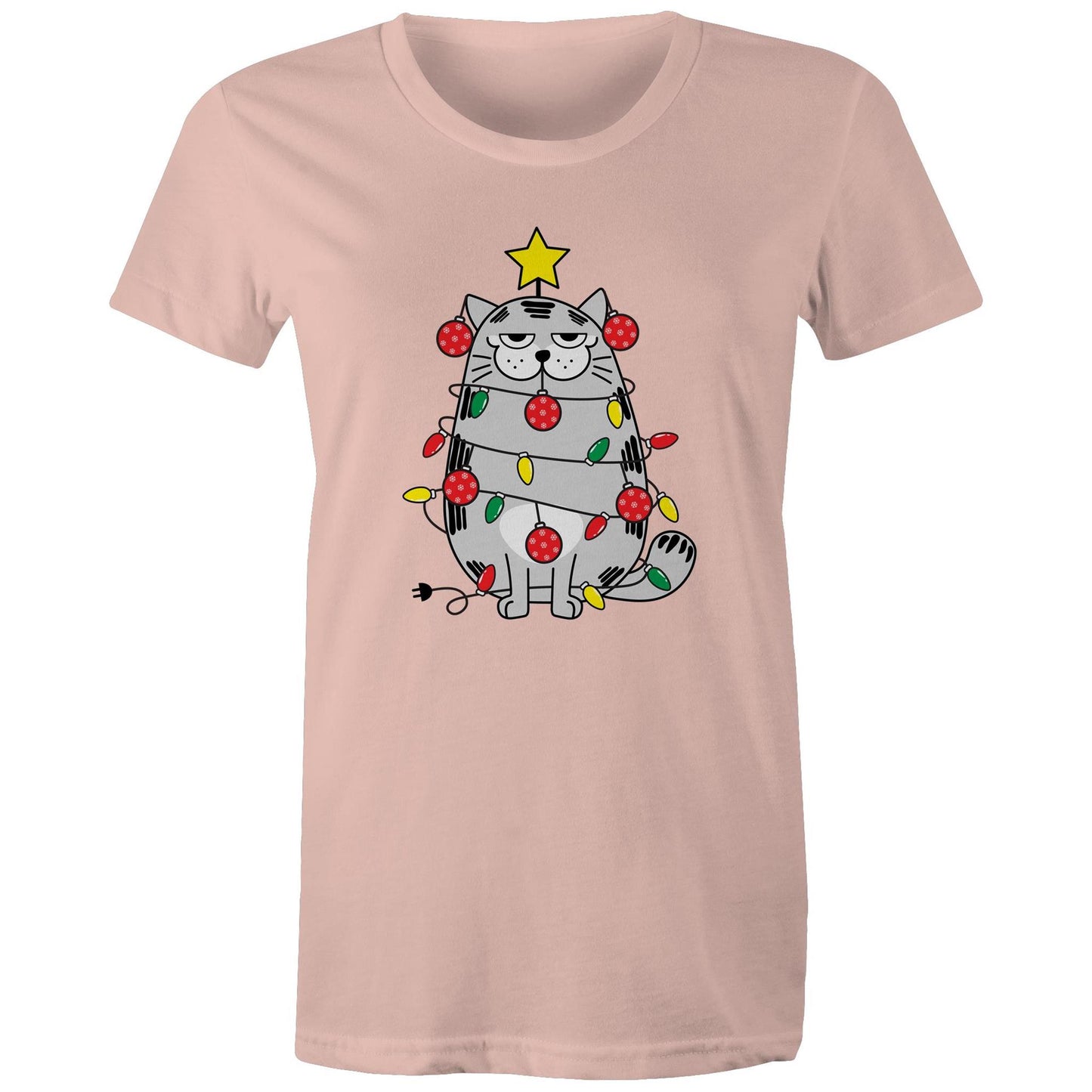 Cat Christmas Lights - Womens T-shirt Pale Pink Womens Christmas T-shirt Christmas Printed In Australia