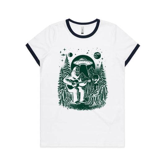 Alien And Bigfoot Playing Guitar - Women's Ringer Tee