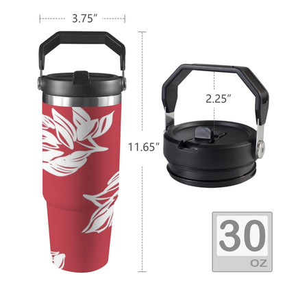 Red Retro Foliage, Hawaiian Flower - 30oz Tumbler with Top Handle