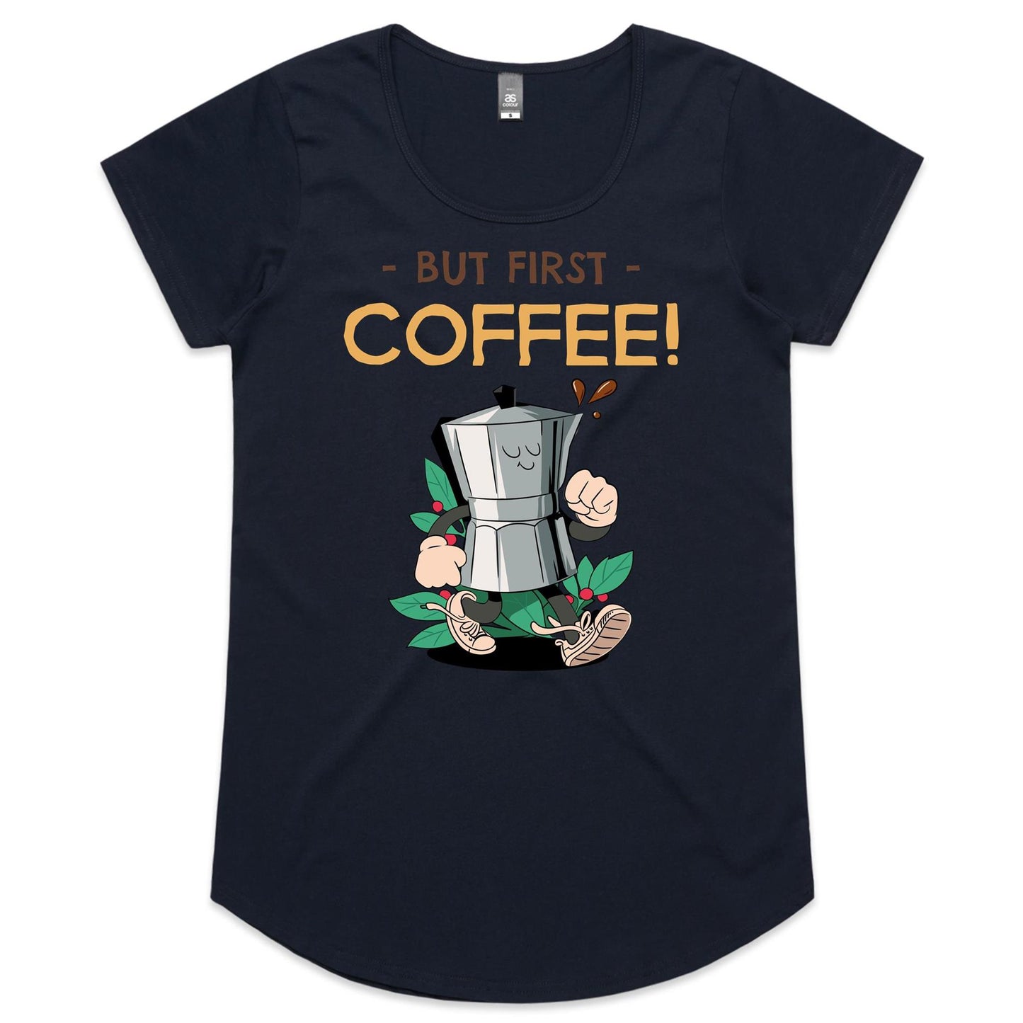 But First Coffee - Womens Scoop Neck T-Shirt Navy Womens Scoop Neck T-shirt Coffee Retro