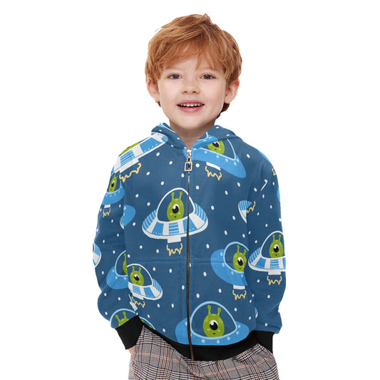 Cute Aliens in UFOs - Junior Boys Zip Up Hoodie