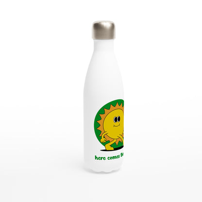 Here Comes The Sun - White 17oz Stainless Steel Water Bottle White Water Bottle Globally Fulfilled Retro Summer