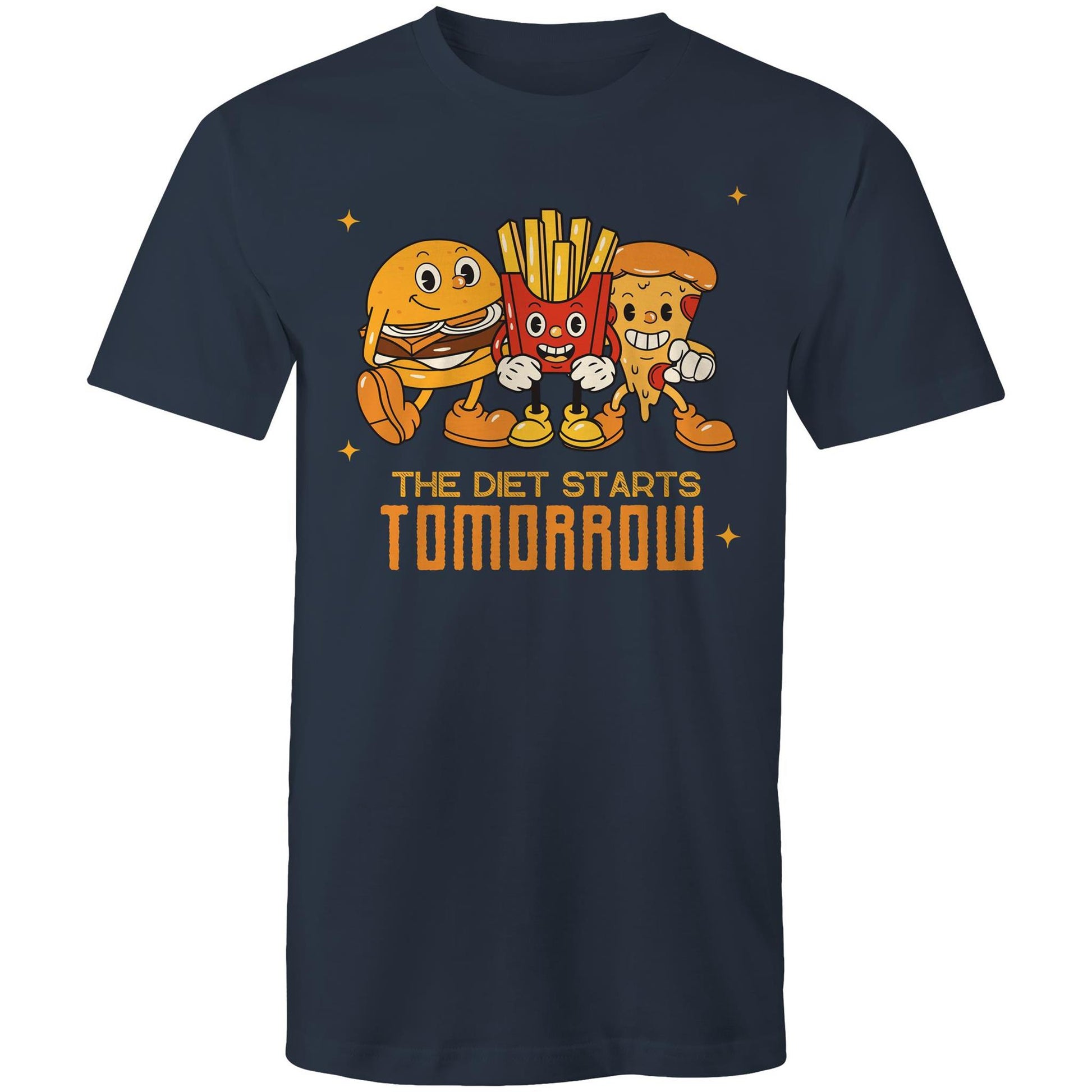 The Diet Starts Tomorrow, Hamburger, Pizza, Fries - Mens T-Shirt Navy Mens T-shirt Food Funny Retro