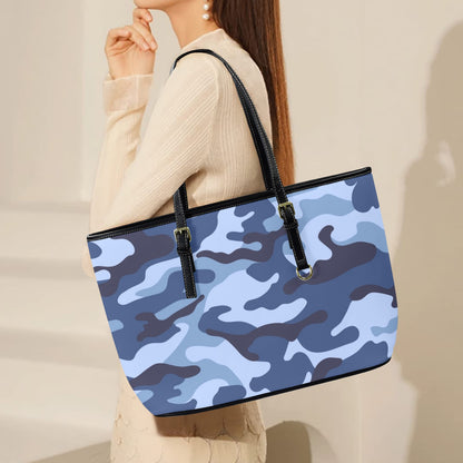 Blue Camouflage - Leather Tote Bag-Large