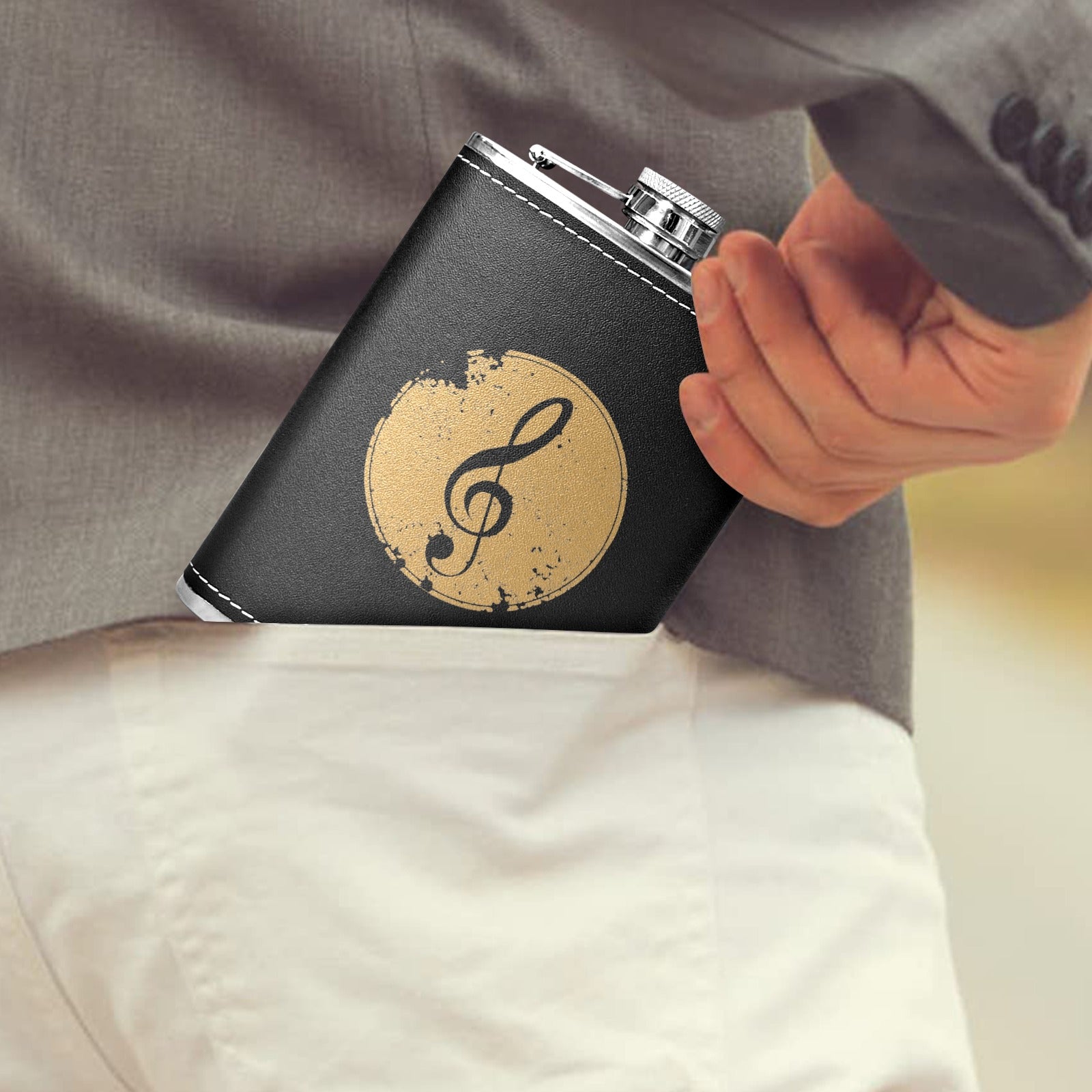 Treble Clef - 8oz Black Leather Hip Flask 8oz Black Leather Hip Flask Printed Offshore