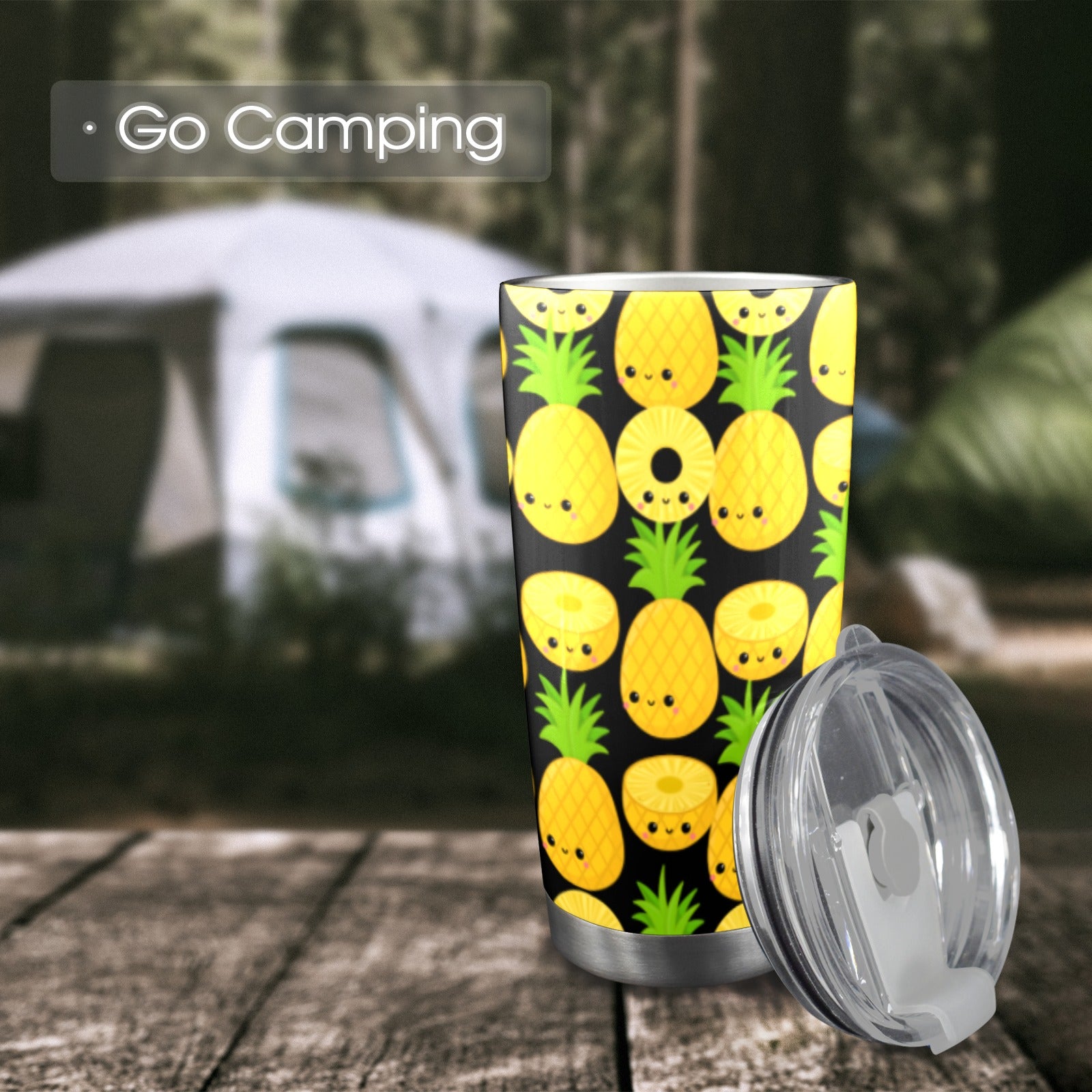 Happy Pineapples - 20oz Travel Mug with Clear Lid Clear Lid Travel Mug Food Printed Offshore