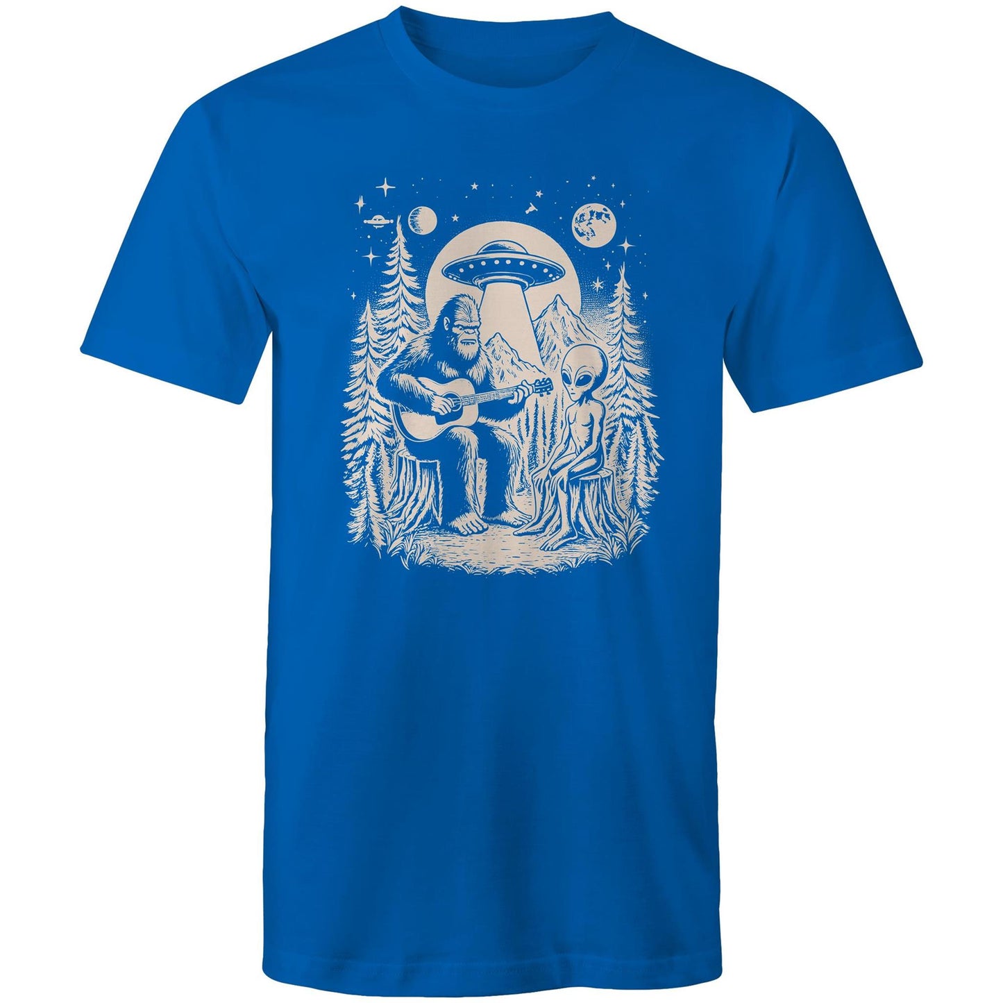 Alien And Bigfoot Play Guitar - Mens T-Shirt Bright Royal Mens T-shirt Music Printed In Australia Sci Fi